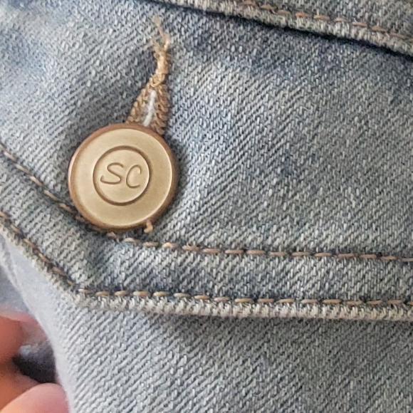 Sheryl Crow Womens Sz XS Denim Jacket Faded Blue Military Patches Stretch - Picture 11 of 16